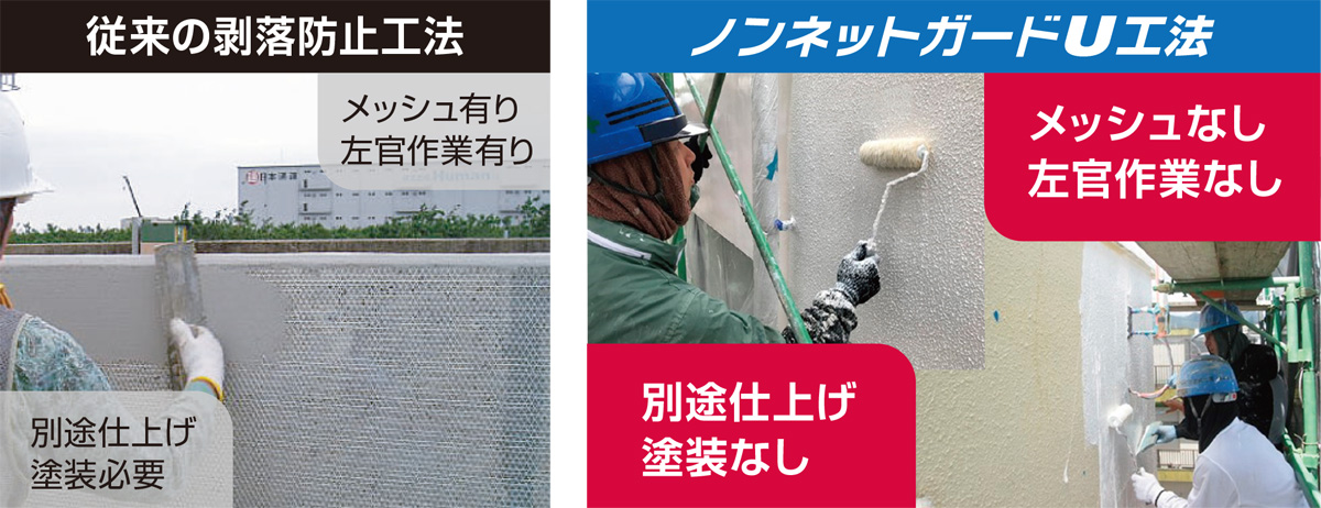 ノンネットガードU工法と従来の剝落防止工法